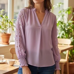 White House Black Market Lavender Eyelet Sleeve Blouse